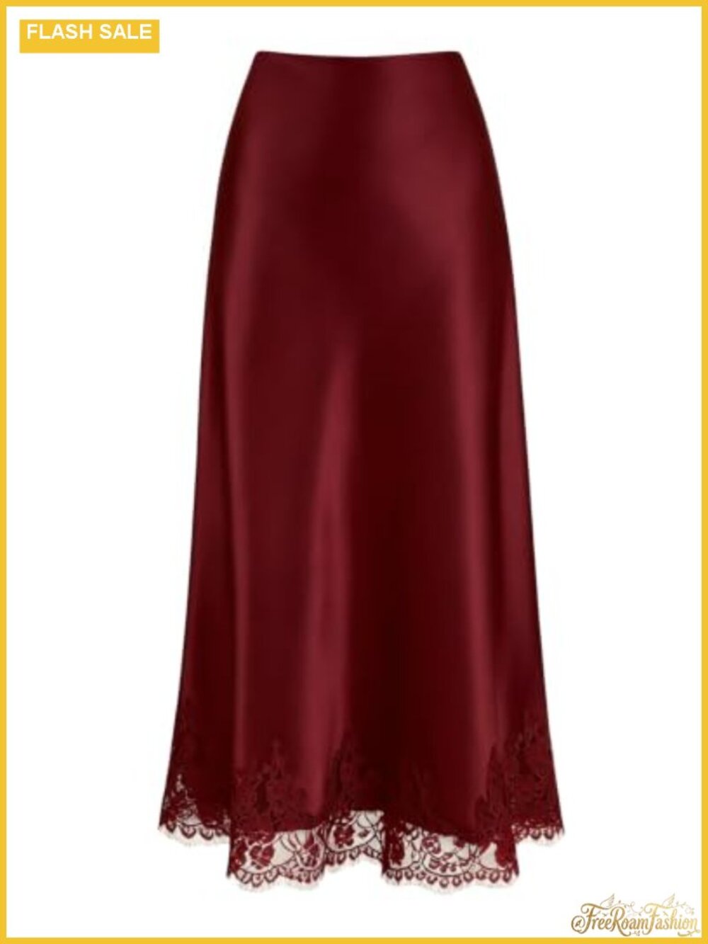 Lace Trim Satin Midi Skirt High Waisted A-Line Long Skirt